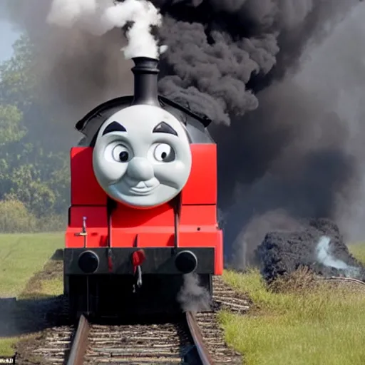 Image similar to Angry Thomas The Tank Engine blowing black smoke from his chimney at a climate protest