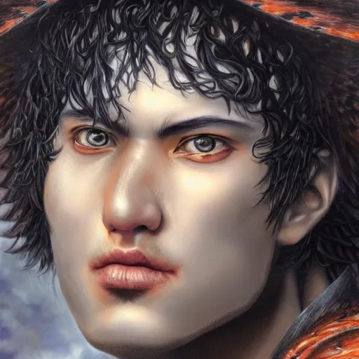 Image similar to extreme close - up by kentaro miura, by tony sart incredible. a beautiful art installation of a bright & fiery soul a power to do great things ; but i fear you may one day unleash such a tempest of fire that you may consume yourself, & all the world around you.