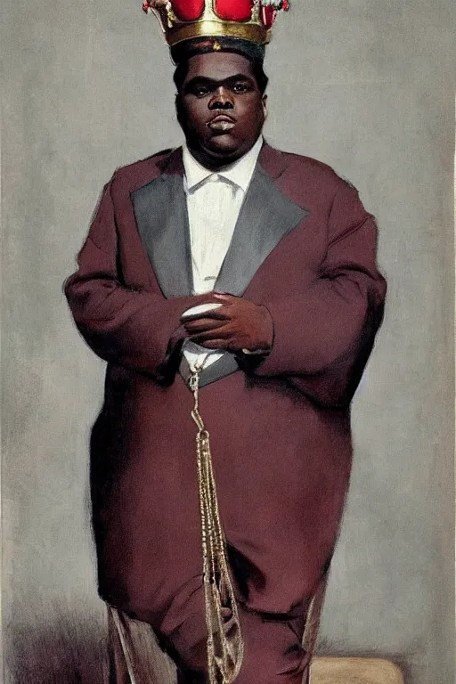 Prompt: portrait of biggie smalls with kings crown and royal outfit, modern, european, eclectic, illustration, by ramon casas