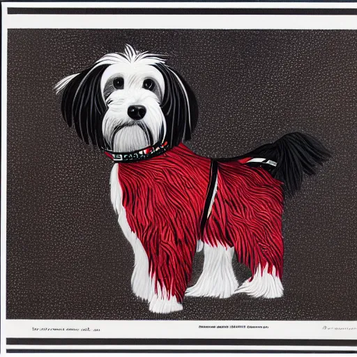 Image similar to Tlingit Haida lithographic, havanese dog red and black white only, lithograph print