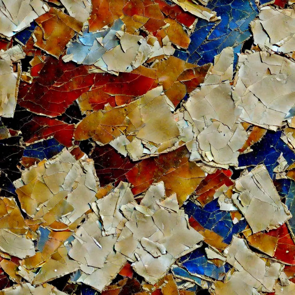 Prompt: large cracked fragments of porcelain painted in the style of the old masters, painterly, thick heavy impasto, expressive impressionist style, painted with a palette knife