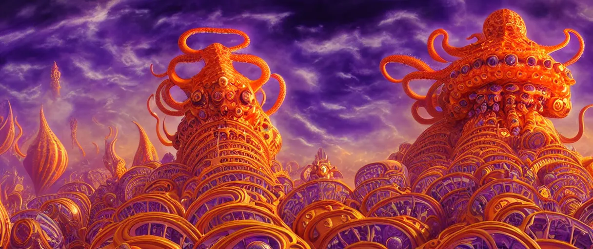 Prompt: hyper-ornate sky city built on giant orange and purple cyborg octopus puffy clouds matte painting concept art alex grey salvador dali cinematic soft orange lighting high angle hd 8k sharp shallow depth of field