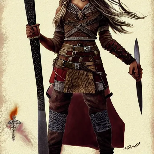 Image similar to « pretty, hot viking girl, with a sword, detailed, full body portrait »