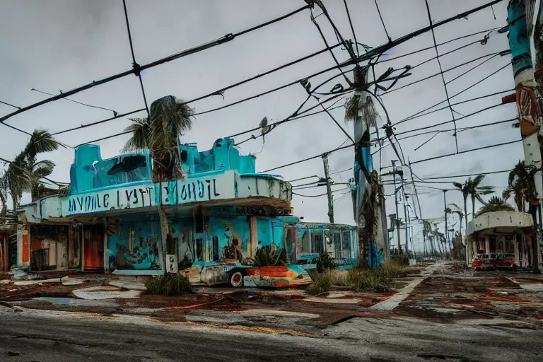 Image similar to low wide angle shot of dilapidated fallout 5 miami, tropical coastal city, desolate, dilapidated neon signs, few rusted retro futuristic vintage parked vehicles like cars, buses, trucks, trams, volumetric lighting, photorealistic, foggy, rain daytime, autumn, overcast weather, sharp focus, ultra detailed, 4 0 0 0 k