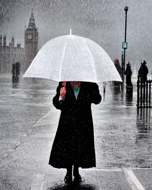 Image similar to margaret thatcher in torrential rainstorm on london street, full body, atmospheric moody hyper realistic award winning color cinematic still 8 k