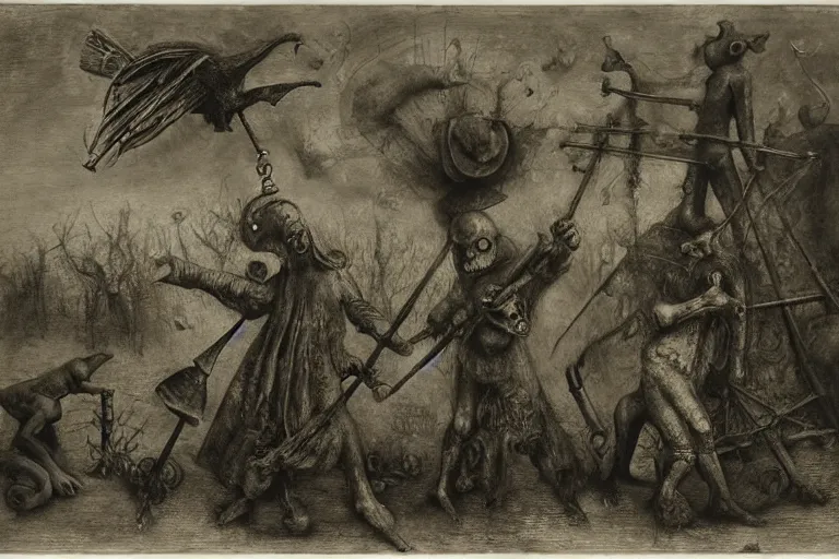 Image similar to plague doctors with rube goldberg machines in the fog by joel peter witkin, heironymus bosch, gustave dore, beksinski