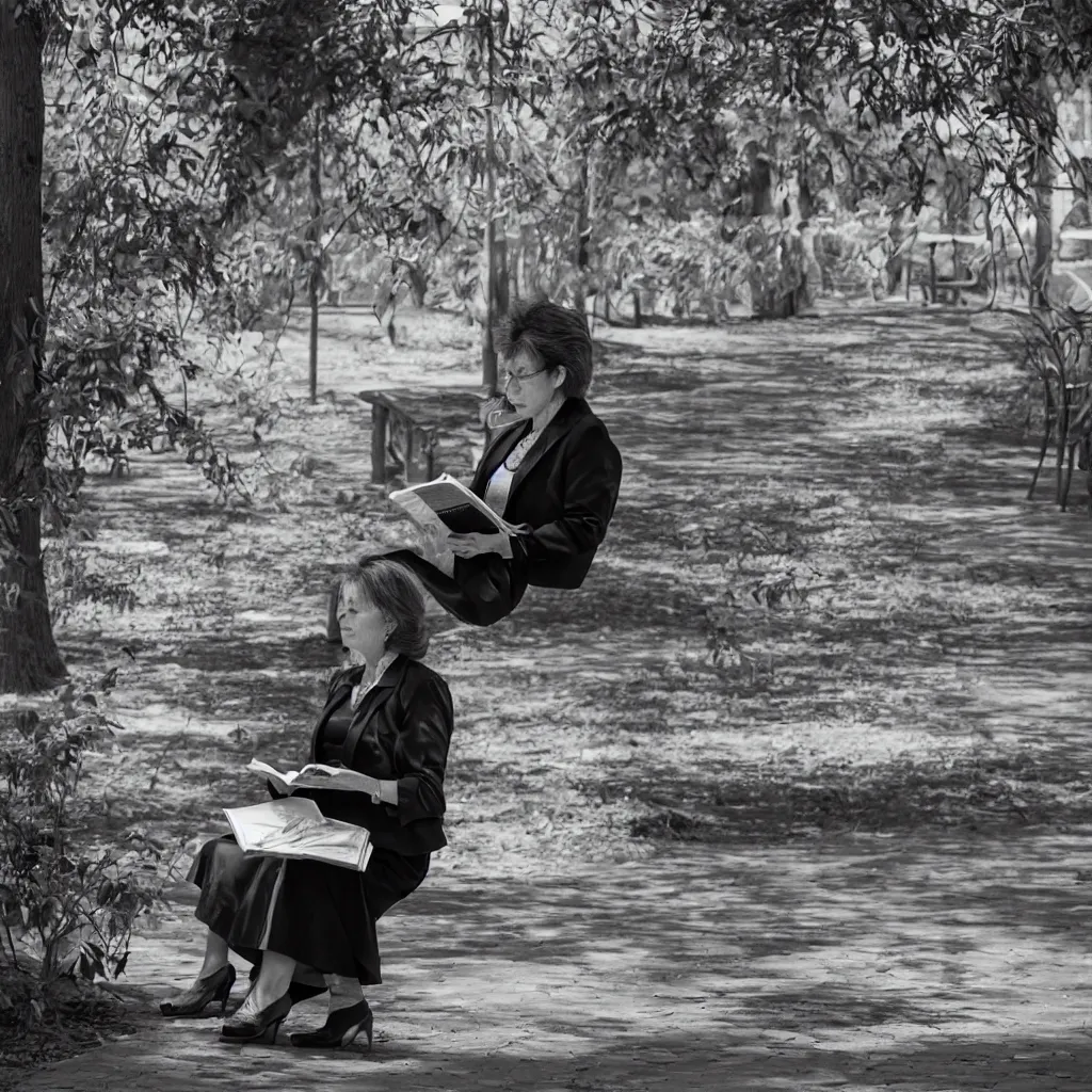 Prompt: An office lady reads a book in a zoo setting by Cindy Sherman, sigma 85mm, f 1/4, ultra detailed