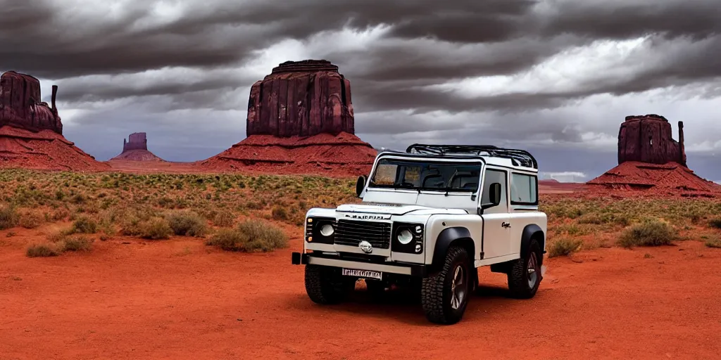 Prompt: a vintage Land Rover Defender drives within a dramatic vista in Monument Valley, cinematic sky and light