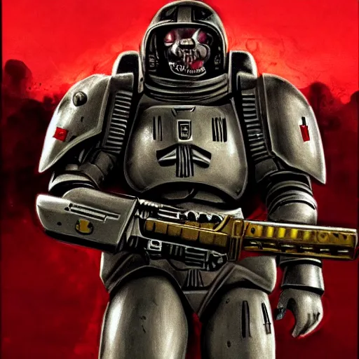 Image similar to heavy armor soldier wearing space marine like armor but in real life, walking in a river of blood full of human bloody dead bodies and human parts, shooting with his gun, explosions in background, painting style