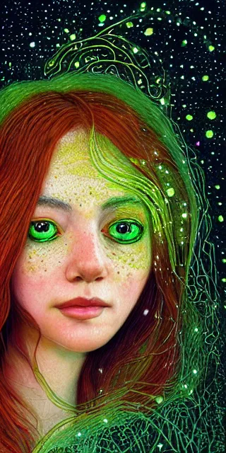 Image similar to infp young woman, smiling amazed, golden fireflies lights, sitting in the midst of nature fully covered, long loose red hair, intricate linework, bright accurate green eyes, small nose with freckles, oval shape face, realistic, expressive emotions, dramatic lights spiritual scene, hyper realistic ultrafine art by michael cheval, jessica rossier, boris vallejo