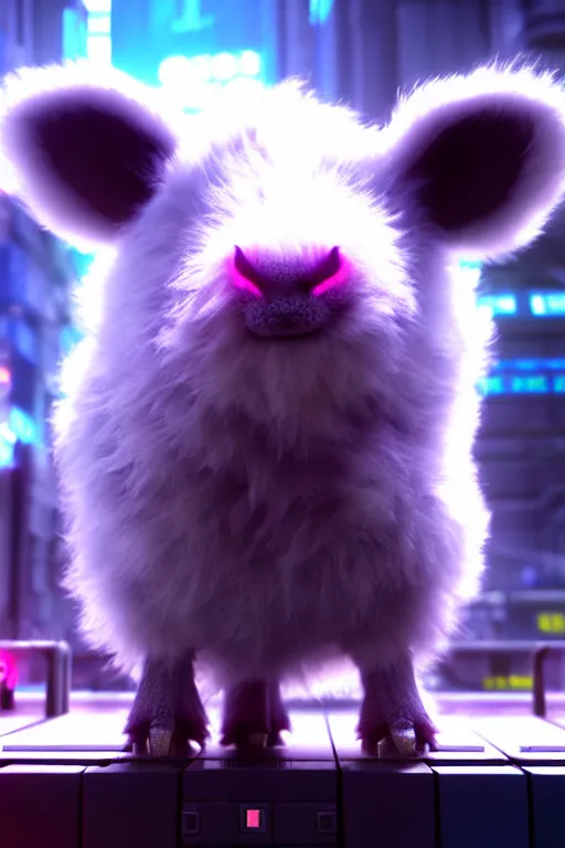 Prompt: high quality 3 d render sci - fi very cute neuromancer fluffy! mutant cow hybrid! playing keyboard, highly detailed, unreal engine cinematic smooth, in the style of blade runner & detective pikachu, hannah yata charlie immer, blue light, low angle, uhd 8 k, sharp focus