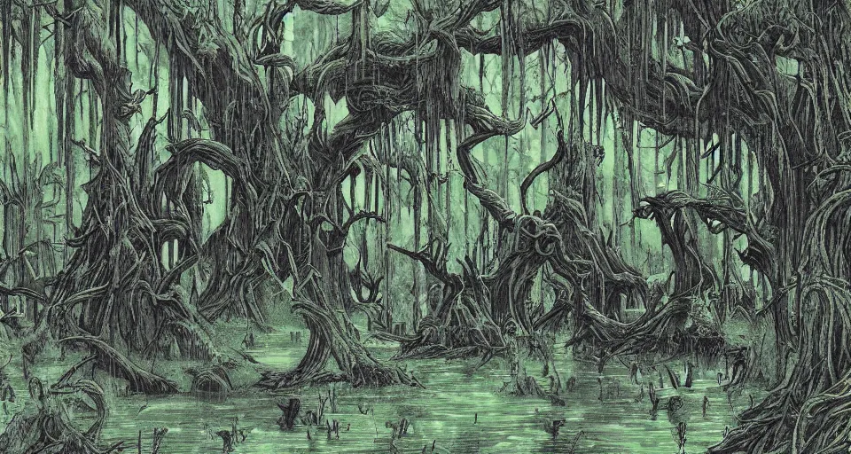 Image similar to A dense and dark enchanted forest with a swamp, by don bluth