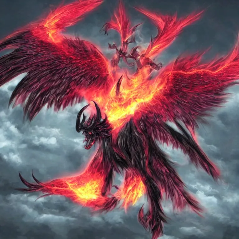 Image similar to a demon with huge nacreous fire wings