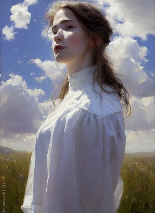 Image similar to portrait of girl dressed in white clothes , fantasy character portrait, dynamic pose, above view, sunny day, thunder clouds in the sky, artwork by Jeremy Lipkin and Giuseppe Dangelico Pino and Michael Garmash and rob rey, levitation, very coherent symmetrical artwork, perfect face, simple form