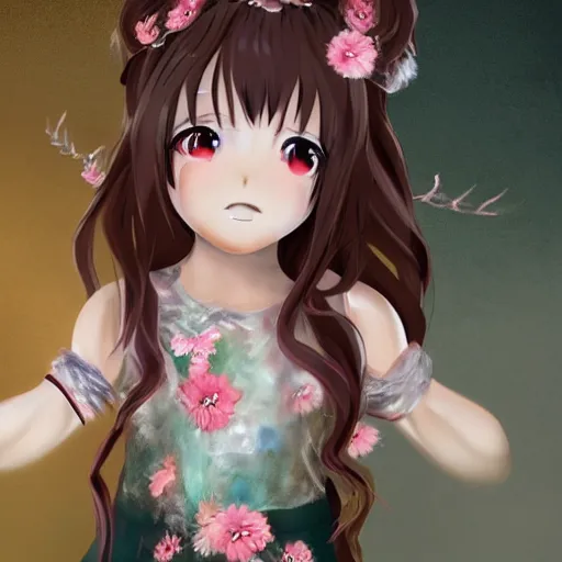 Image similar to little girl with flowers in hair wearing an dress made of feathers, anime style, 8 k, cgi, concept art