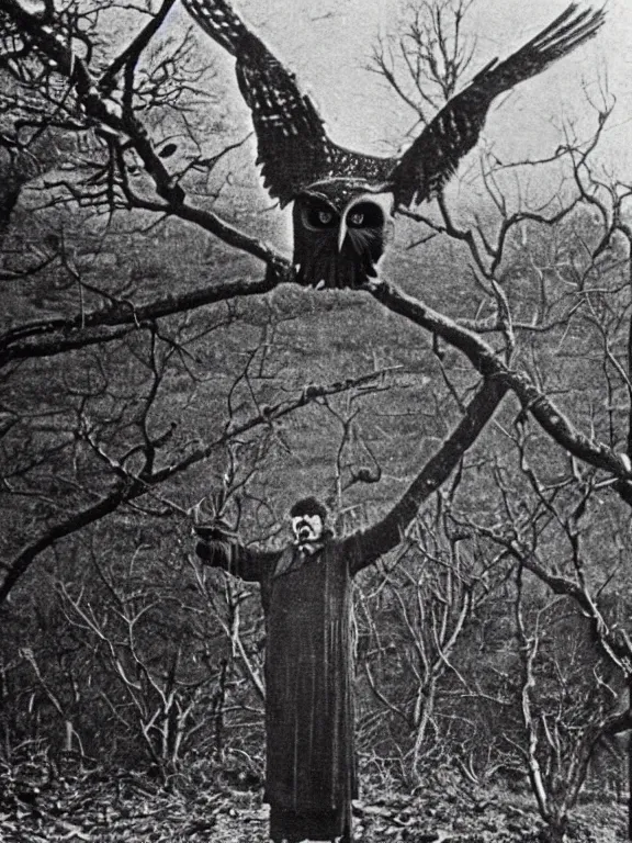 Image similar to 1 9 7 0's photo of the sighting of the cornish owlman, the owlman of mawnan