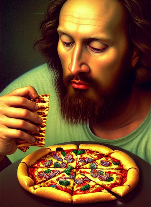 Image similar to hyper detailed 3d render like an Oil painting - Portrait of Jesus Christ eating pizza by Jacek Yerka, Mariusz Lewandowski, Houdini algorithmic generative render, Abstract brush strokes, Masterpiece, Edward Hopper and James Gilleard, Zdzislaw Beksinski, Mark Ryden, Wolfgang Lettl, hints of Yayoi Kasuma, octane render, 8k