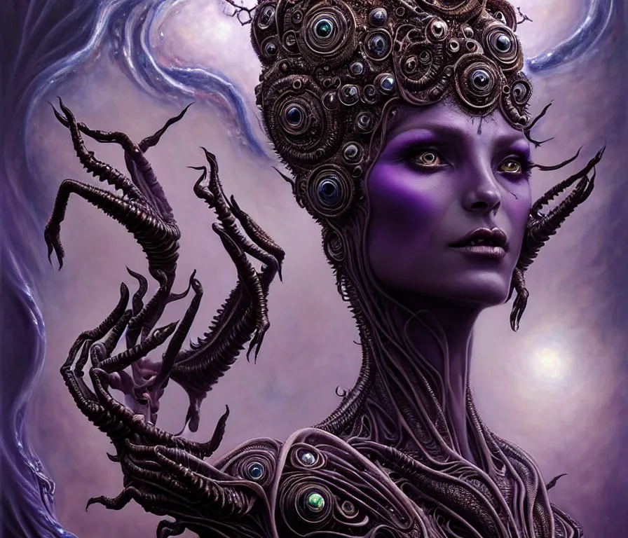 Image similar to A beautiful detailed alien goddess woman with 6 arms super dark tarot card, gorgeous model face by Stanley Artgerm, by tomasz alen kopera and Justin Gerard, 4 eyes, beautiful symmetrical features, ominous, magical realism, melting, texture, intricate, ornate, royally decorated, melting, whirling smoke, embers, purple adornments, blue torn fabric, radiant colors, fantasy, trending on artstation, volumetric lighting, micro details, 3d sculpture, ray tracing, 8k, anaglyph effect