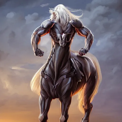 Image similar to a musclebound anthropomorphized horse with a magnificently muscular physique wearing a tight kevlar battle outfit while protecting a facility, long white hair, equine, anthro art, furaffinity, highly detailed, digital painting, artstation, sharp focus, concept art, illustration, art by artgerm, greg rutkowski, wlop