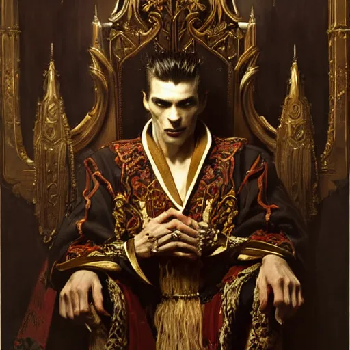 Image similar to perfectly centered portrait of attractive vampire king in a robe sitting on a throne of bones, highly detailed painting by gaston bussiere, craig mullins, j. c. leyendecker, 8 k