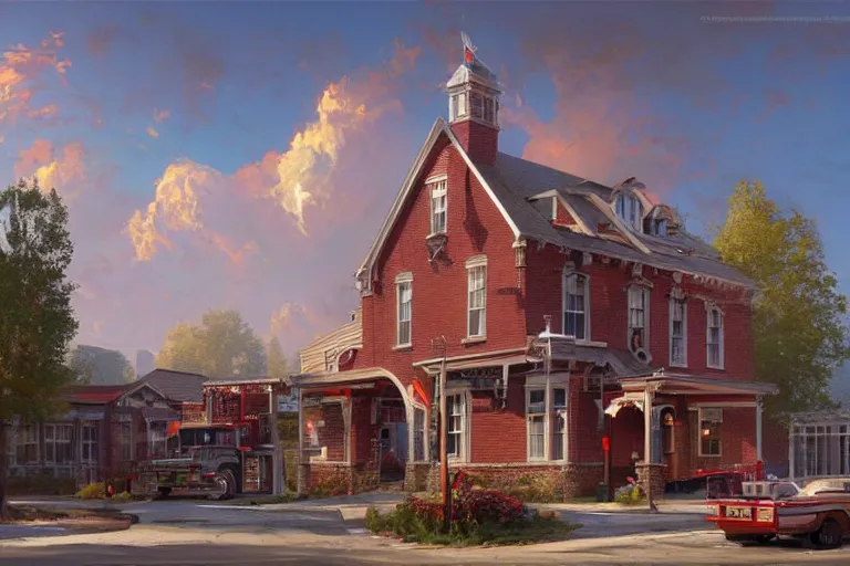 Prompt: highly detailed 4K matte painting of a modern 2010 2010's firehouse in america on a sunny day digital art by Greg Rutkowski and Thomas Kinkade, trending on Artstation