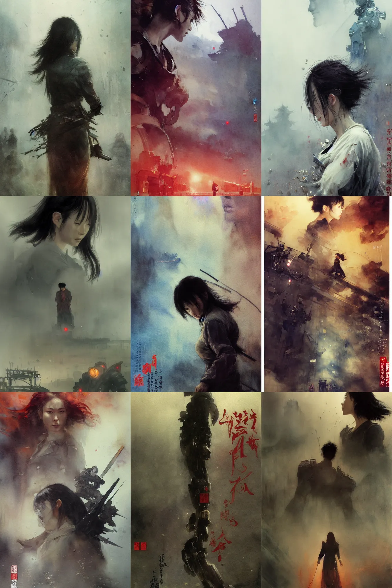 Prompt: incredible ruan jia movie poster, painted ,masterful detailed watercolor, japan, ilya repin, waterhouse, kastuhiro otomo, profile face, giant robots claw at the the background fog, tubes, cables, ,electricity, spotlight, deep 3 point perspective, dynamic scene, light rain, sparks, movie scene close up emotional miss Kusanagi face, short bob hair, justin sweet