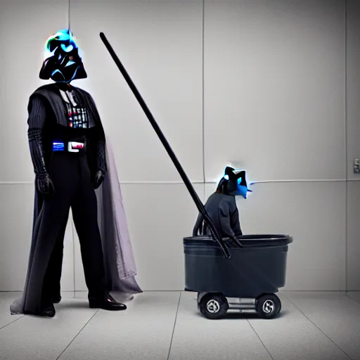 Prompt: darth vader as a high school janitor, 4 k, high detail, high - resolution photograph, professional photography, ultra - detail