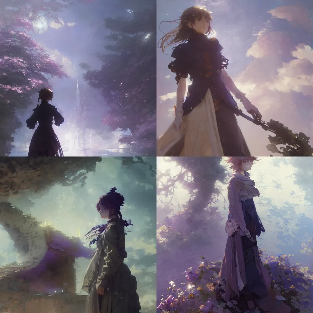 Image similar to female violet evergarden anime, intricate, sharp focus, illustration, highly detailed, digital painting, concept art, matte, art by ruan jia and wlop and greg rutkowski, masterpiece