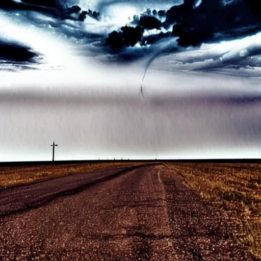 Prompt: a black tornado in the middle of kansas cloudy scary creepy