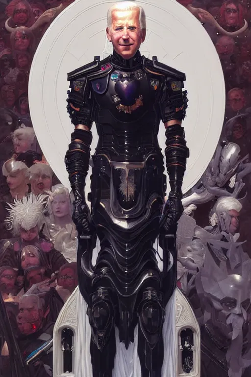 Image similar to portrait of joe biden goth cyborg with white hair in warhammer armor, art by kuvshinov ilya and wayne barlowe and gustav klimt and artgerm and wlop and william - adolphe bouguereau