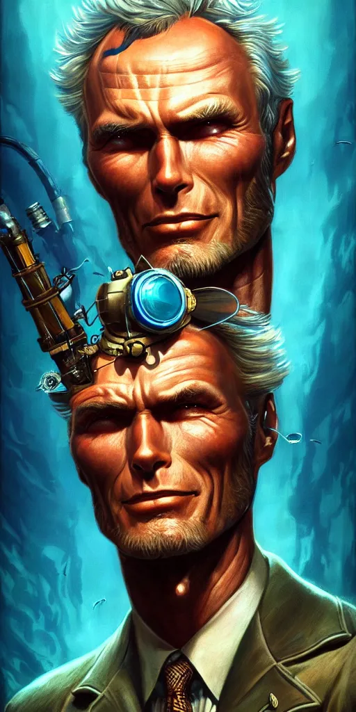 Image similar to lofi underwater bioshock biopunk clint eastwood portrait, Pixar style, by Tristan Eaton Stanley Artgerm and Tom Bagshaw.