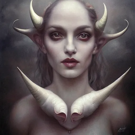 Image similar to By Tom Bagshaw, ultra realist soft painting portrait of curiosities carnival by night, very beautiful horned single zynoid fully dressed fading, symmetry accurate features, very intricate details, ominous sky, black and white, volumetric light clouds