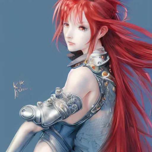 Image similar to a red haired female knight as an absurdly beautiful, elegant, sensual anime girl, blue background, ultrafine hyperrealistic detailed face illustration by kim jung gi, irakli nadar, intricate linework, sharp focus, bright colors, matte, octopath traveler, final fantasy, unreal engine highly rendered, global illumination, radiant light, intricate environment