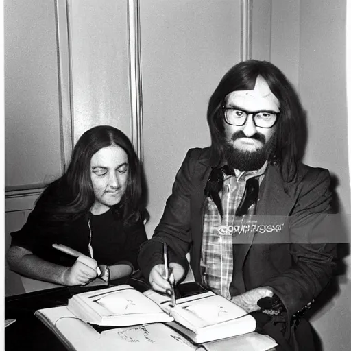 Image similar to Abdul Alhazred signs Necronomicons at a book signing event, 1974 vintage photo