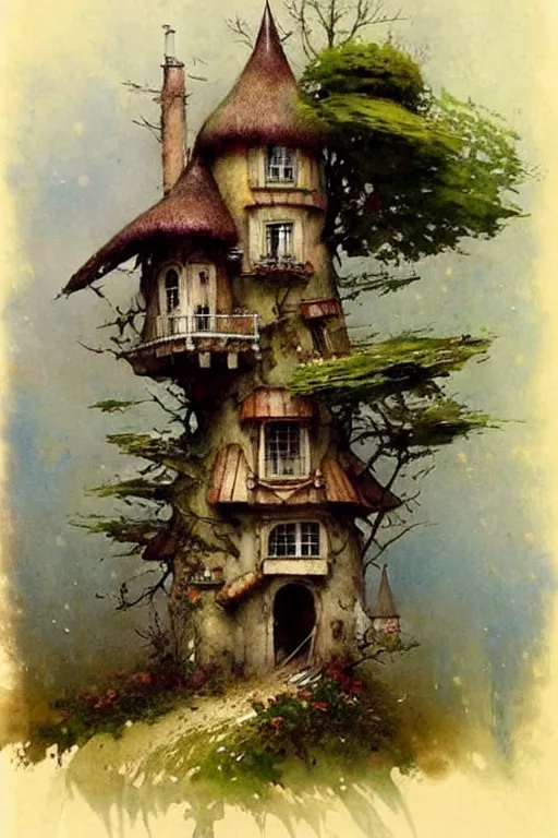 Image similar to (((((1950s fairy tale cottage tree house castle . muted colors.))))) by Jean-Baptiste Monge !!!!!!!!!!!!!!!!!!!!!!!!!!!