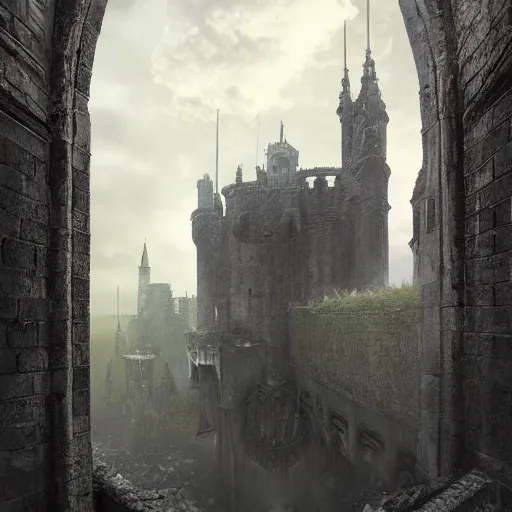 Image similar to a lonely and impossibly tall ominous gothic dark citadel tower of the evil patriarch, battlements, castle wall, portcullis, in a river elevated high above the city, flintlock fantasy capital city, scary gothic architecture, ultrawide lense, aerial photography, unreal engine, exquisite detail, 8 k, art by greg rutkowski and alphonse mucha