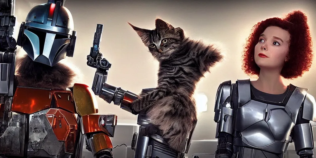 Image similar to a 3 d rendered movie still a cute robot has the head of an adorable cyberpunk maine coon kitten. in the background is a cyberpunk cat tree. digital art. science fiction blockbuster movie from the future, imax 7 0 mm. style of mandalorian ( american space western television series )