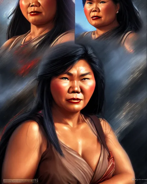 Image similar to welcoming heavy filipina woman character portrait, by don bluth, sci - fi environment, highly detailed, dynamic shadows, 4 k, wallpaper - 1 0 2 4