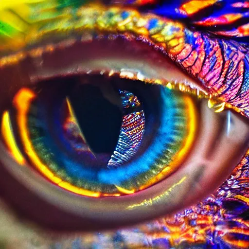 Prompt: The eye of a dragon with vibrant scales, high quality, reflection of a city in the eye