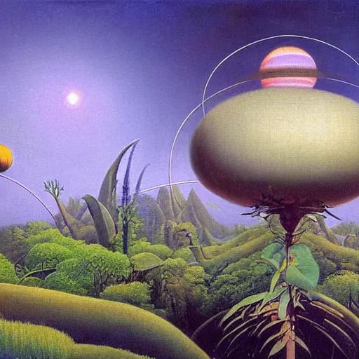 Image similar to a garden in orbit around saturn, 8 k, lowbrow, in the style of martin johnson heade, roger dean and h. r. giger,