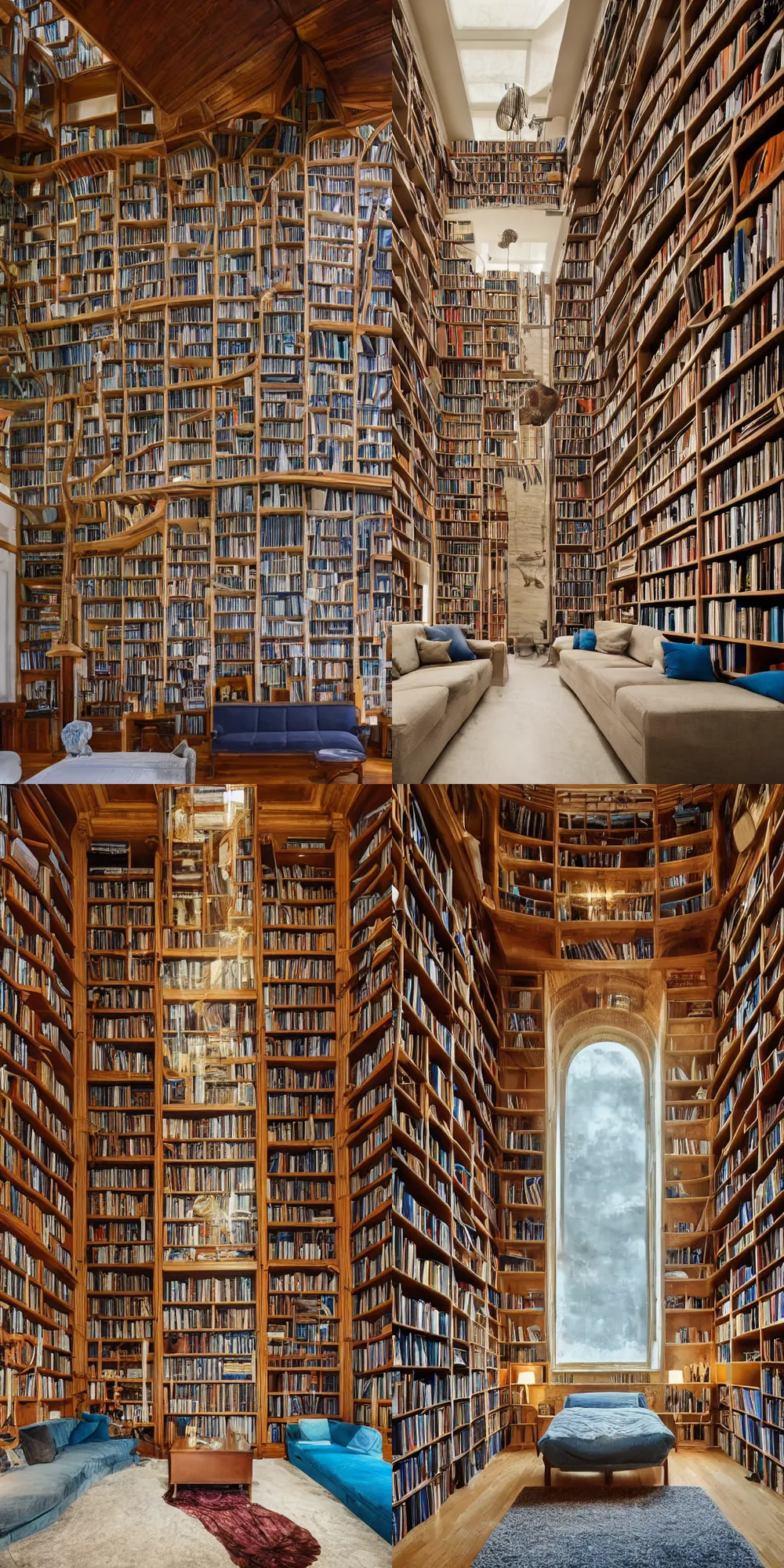 Prompt: interior architecture of a large underwater room, one wall lined with books, bed, sofa, one large room, very tall ceilings, cozy, huge windows with sea creatures floating by