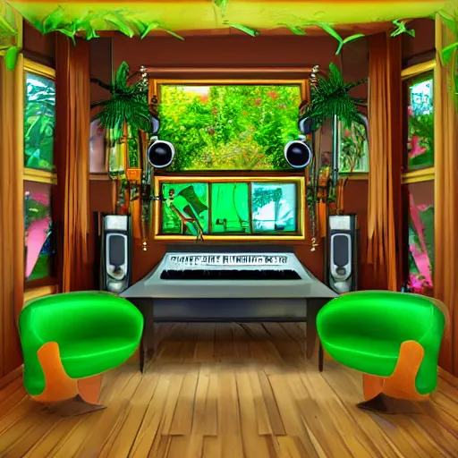 Prompt: jungle mansion with music studio rain high quality