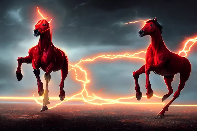 Image similar to a stunning digital painting of a horse as the flash in spandex costume, running in the speedforce by greg rutkowski, volumetric light, digital art, fine detail, photorealistic