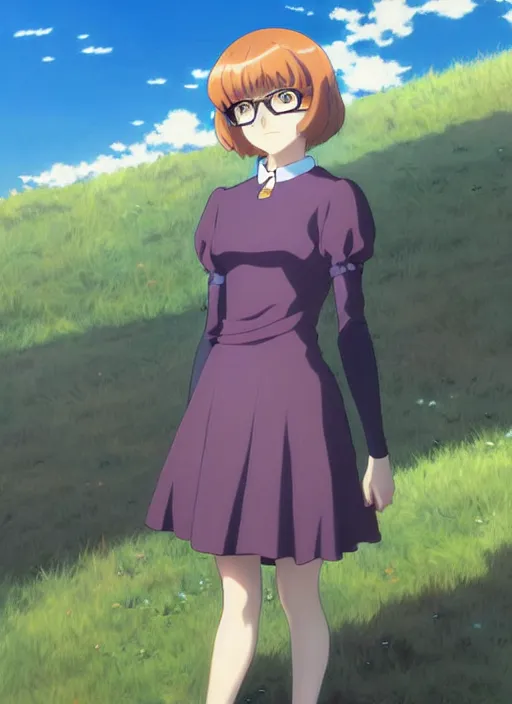 Image similar to Painting of Velma Dinkley in the style of Violet Evergarden, anime style, winged eyelashes, countryside, calm, fantasy character portrait, dark outlines, dynamic pose, above view, sunny day, artwork by Makoto Shinkai, very coherent asymmetrical artwork, sharp edges, perfect face, simple form, 100mm