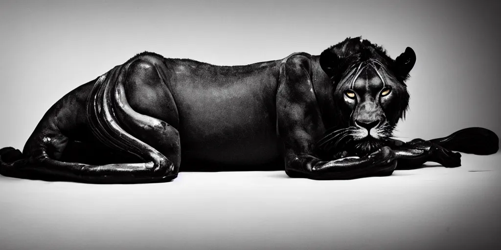 Image similar to a black lioness, made of ferrofluid, viscous, sticky, full of ferrofluid, laying on the white couch in the living room, covered with black goo. photography, dslr, realism, color, rimlight, wrinkles, reflections, animal photography, black goo