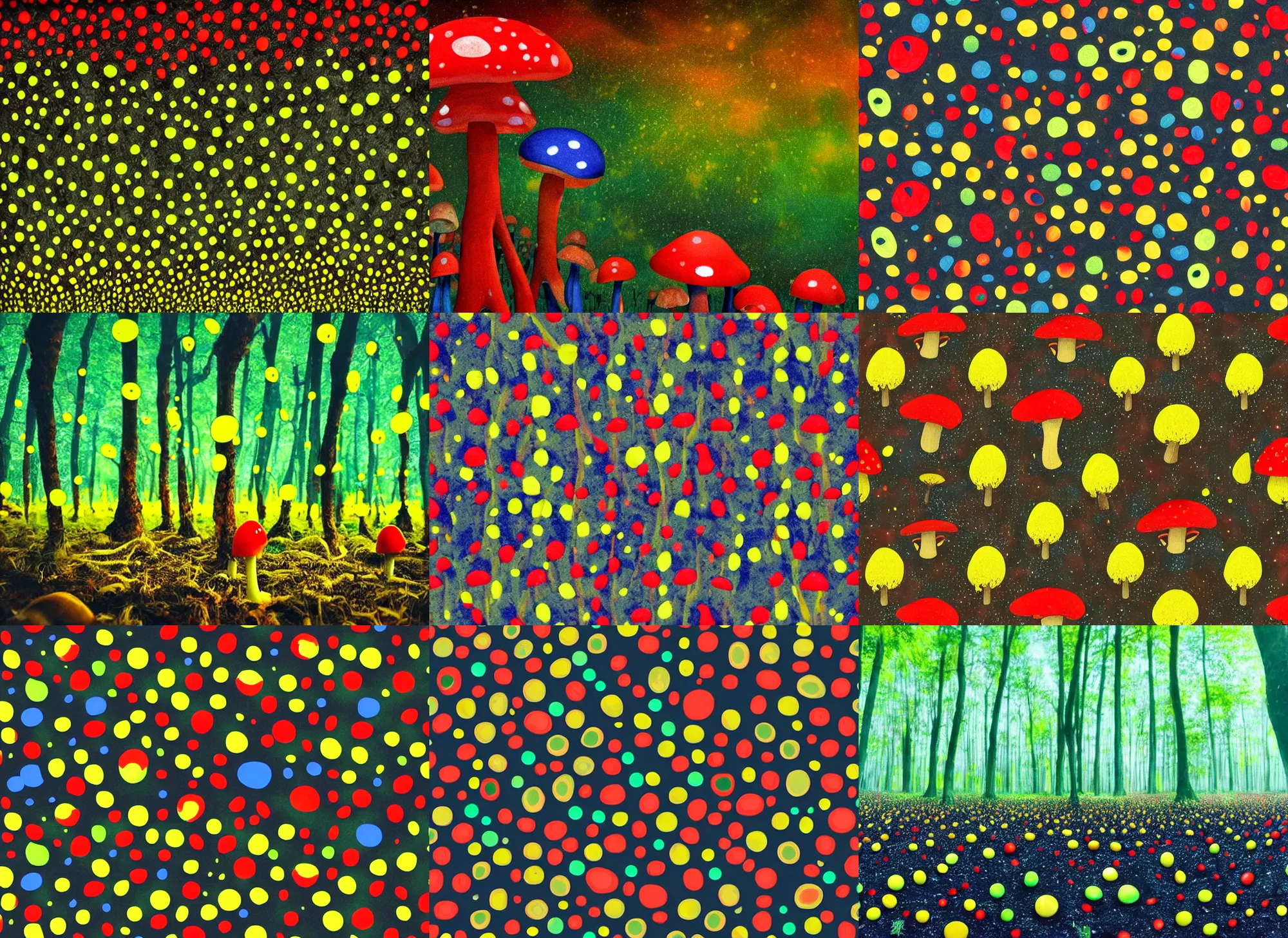 Prompt: beautiful red and blue alien mushroom forest, green sky, black ground with little yellow dots