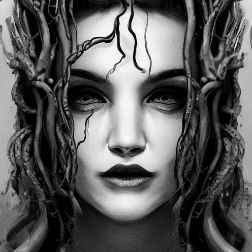 Image similar to medusa portrait painting, black and white, wicked grin, artstation, detailed, blurred background