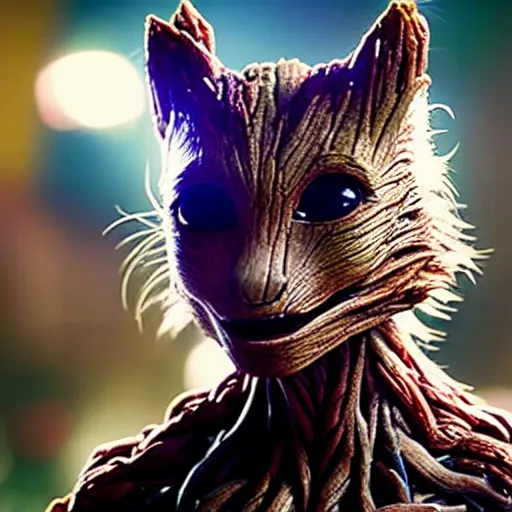 Image similar to movie still of groot as a cat, 4 k, bokeh, dramatic lighting