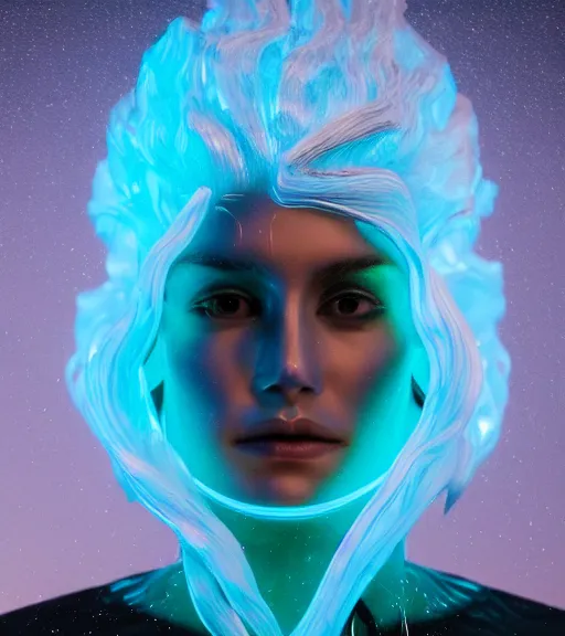 Image similar to bioluminescent long exposure light painting of a beautified full frame photo realistic face, lifelike incredible hair, crystalline masterpiece incrustations, gold, copper, bronze white plastic piping with specular highlights, hyperdetailed face, elegant pose, movie still, octane render, cinematic forest lighting,