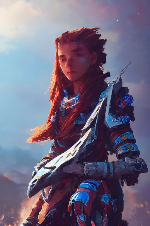 Image similar to combination suit armor aloy horizon forbidden west horizon zero dawn radiating a glowing aura global illumination ray tracing hdr fanart arstation by ian pesty and alena aenami artworks in 4 k tribal robot ninja mask helmet backpack